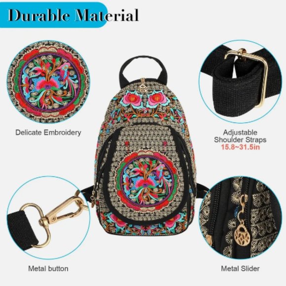 Handmade Embroidered Backpack Crossbody or Shoulder, Books Carrier bag for Girls - Picture 3 of 4